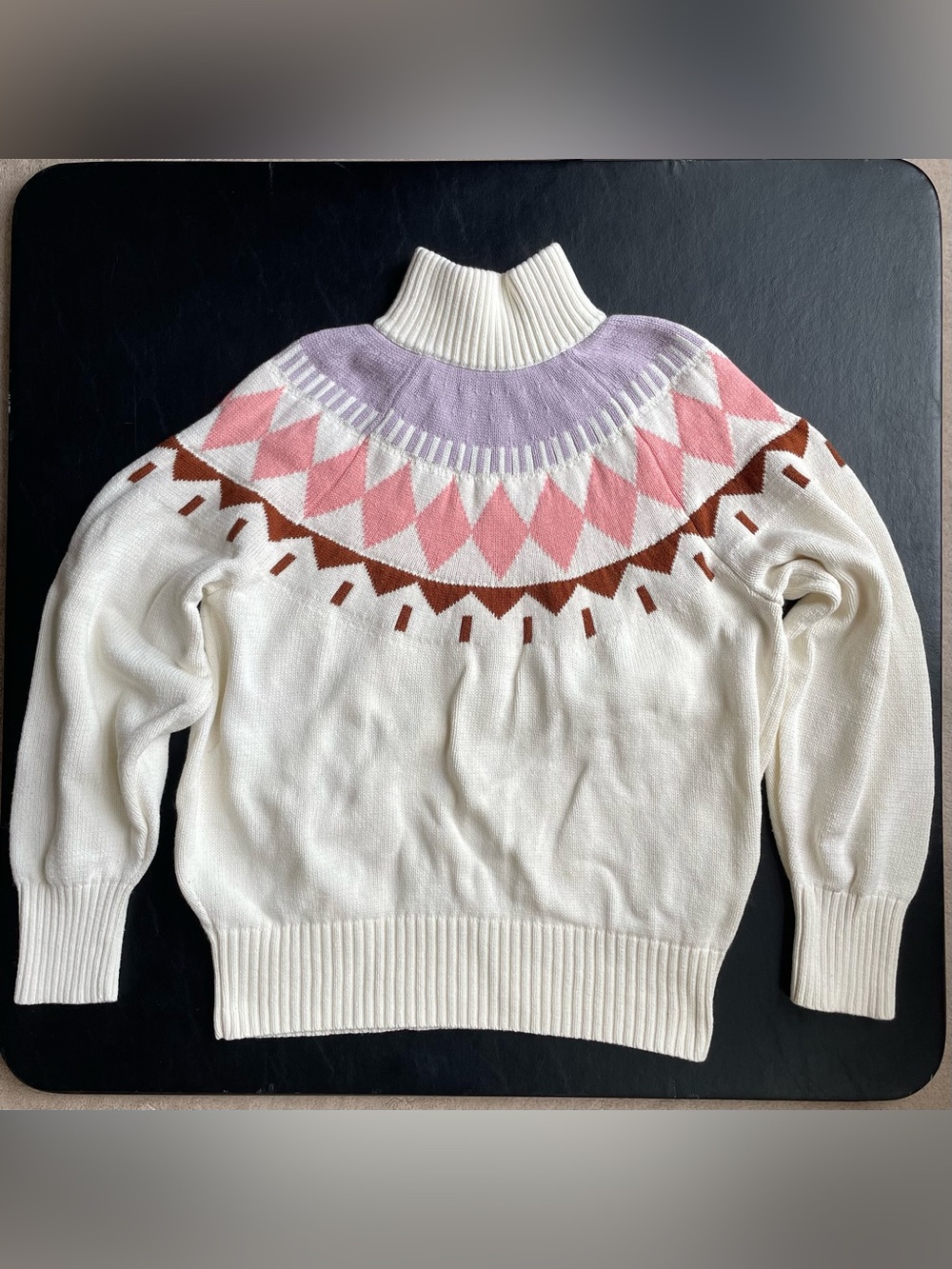 Cream Turtleneck Sweater with Pink and Lavender Fair Isle Yoke